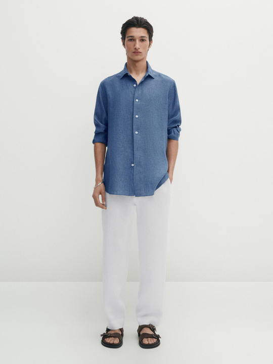 Massimo Dutti Рубашка из 100% льна, чернильно-синий