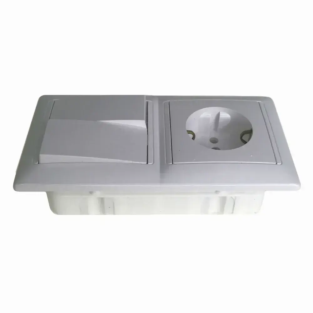 Блок Выключатель двухклавишный + розетка с заземлением скрытой установки BYLECTRICA СветоПрибор серия СТИЛЬ, белый, 2В-РЦ-693