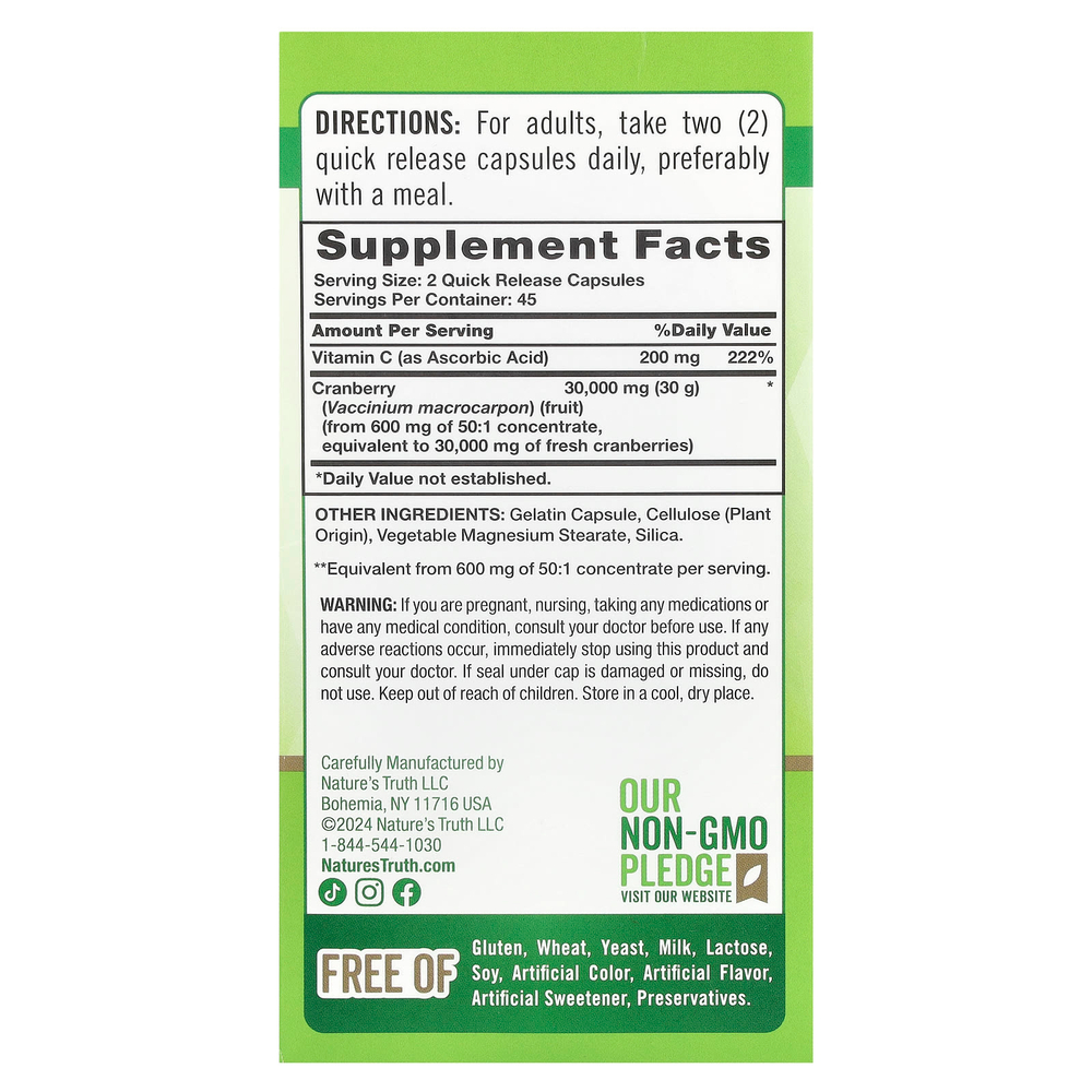 Nature's Truth, концентрат клюквы тройной силы и витамина C, 30 000 мг, 90 капсул с быстрым высвобождением (15 000 мг в 1 капсуле)