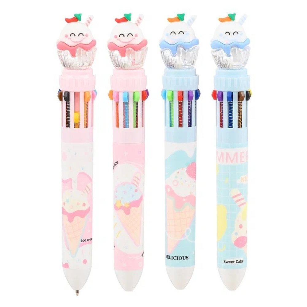 Ручка шариковая, автоматическая, 10в1, Odemei, 10-ти цветная, серия "МОРОЖЕНОЕ", с резиновой фигуркой, 40 шт