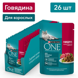 Влажный корм Purina ONE для взрослых кошек, с говядиной и морковью 26 шт х 75г