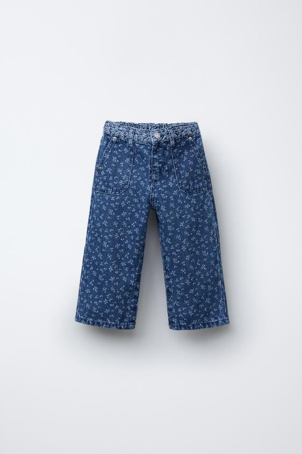 ZARA ДЖИНСЫ С ШИРОКИМИ ШТАНИНАМИ ИЗ ТКАНИ С ЦВЕТОЧНЫМ ПРИНТОМ, ВЫЦВЕТШИЙ СИНИЙ