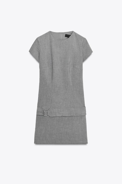 ZARA КОРОТКОЕ ПЛАТЬЕ С РЕМНЕМ, СВЕТЛО-СЕРЫЙ