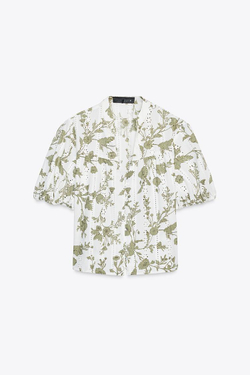 ZARA ТОП С ПРИНТОМ, ПЕРФОРИРОВАННОЙ ВЫШИВКОЙ, ЭКРЮ/ХАКИ