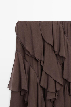 Massimo Dutti Струящаяся юбка миди с оборками, шоколадный