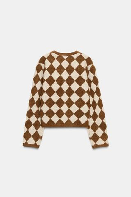 ZARA ЖАККАРДОВЫЙ КАРДИГАН С РОМБАМИ, КОРИЧНЕВЫЙ/ЭКРЮ