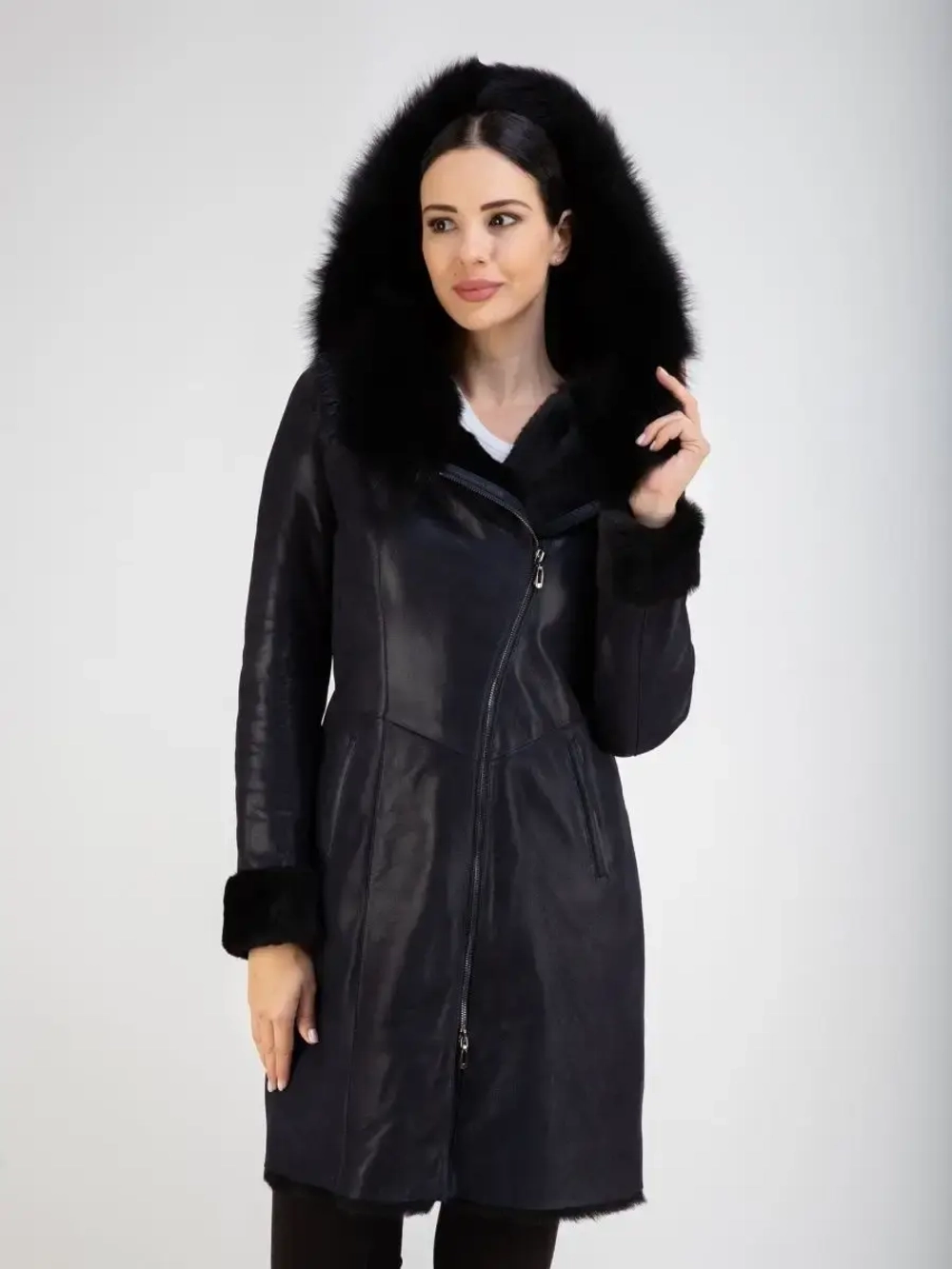 Дубленка женская натуральная длинная с капюшоном Турция