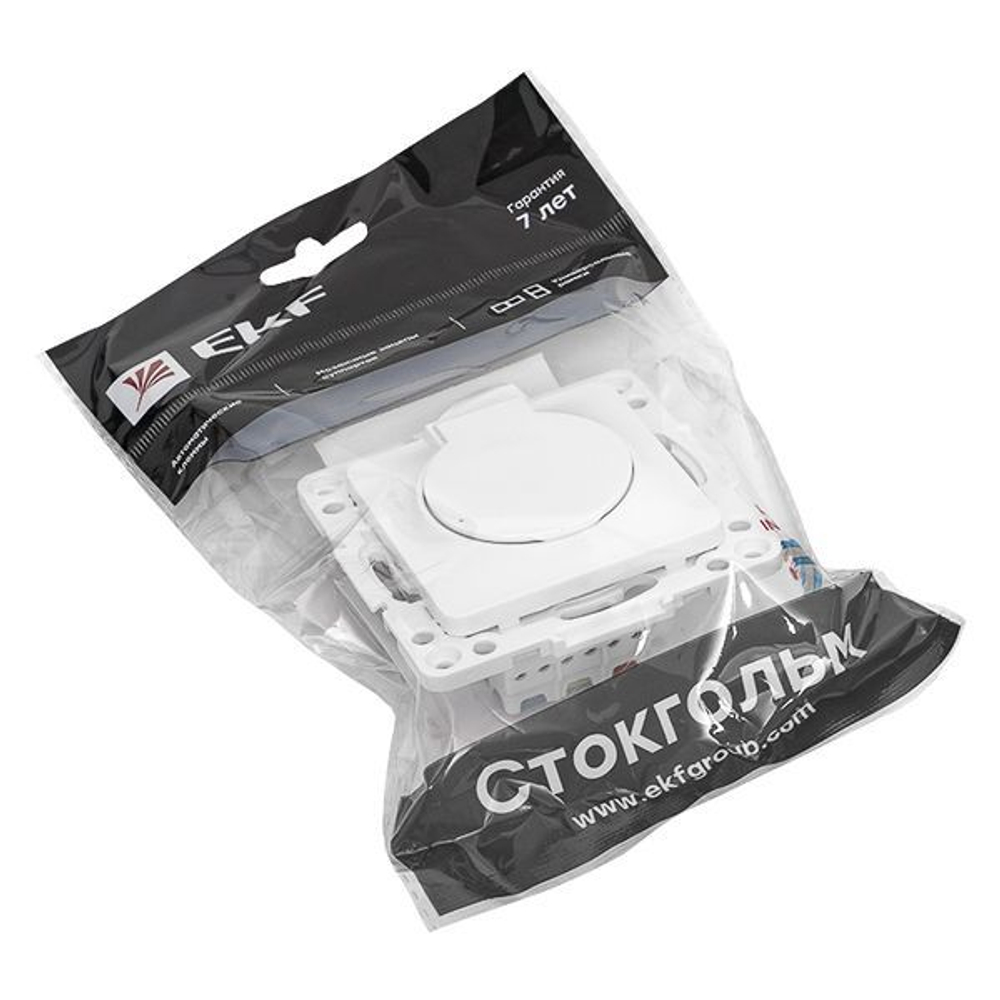 Розетка 1-м СП Стокгольм 16А IP44 с заземл. защ. шторки с крышкой механизм бел. PROxima EKF EYR16-028-10-44