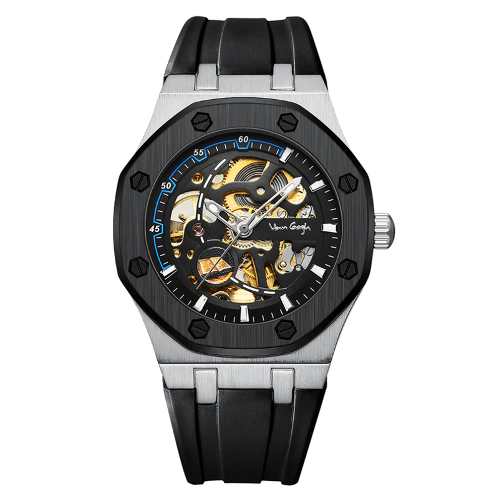 VAN GOGH Automatic Mechanical Movement Metal Strap Watch Men"s Watches Black Dial