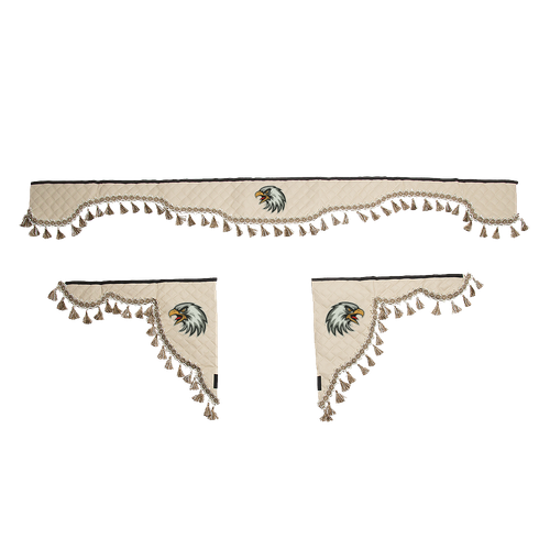 Ламбрекен с косынками универсальные стеганые Орел (экокожа, бежевый, бежевые кисточки)