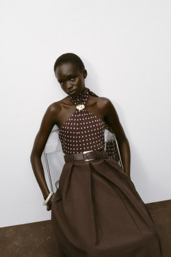 ZARA ЮБКА-КЛЕШ МИДИ С РЕМНЕМ, КОРИЧНЕВЫЙ