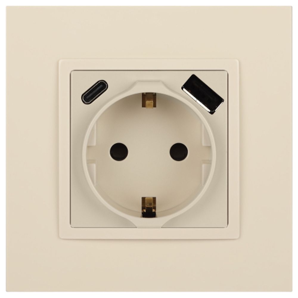 Розетка ЭРА Elegance 14-4108-02 2P+E 16A-250В со шторками с USB type-A+C 5В-3А слоновая кость