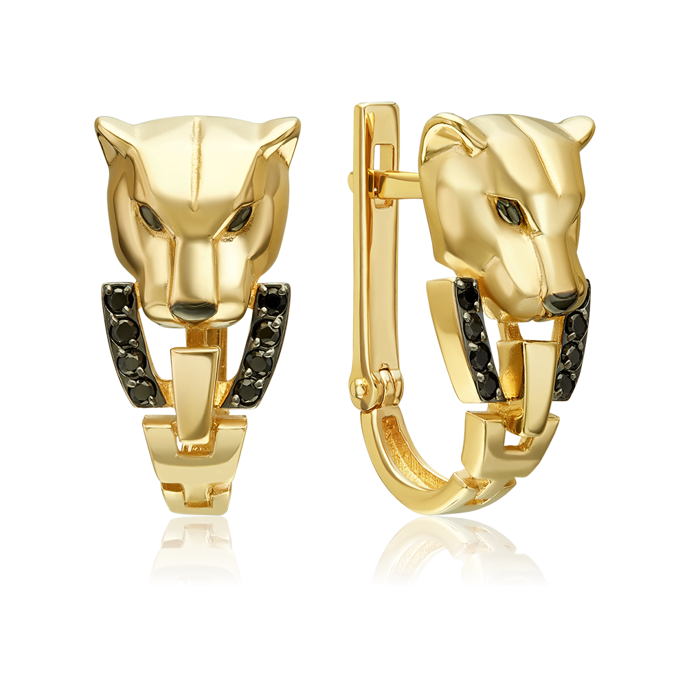 Серьги «Пантеры» с английским замком из лимонного золота с фианитами