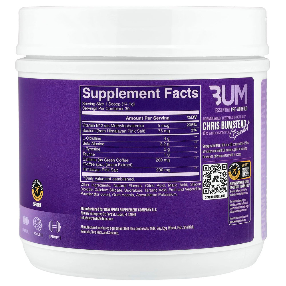 Raw Nutrition, Bum Essentials, предтренировочный комплекс, со вкусом винограда, 423 г (14,92 унции)