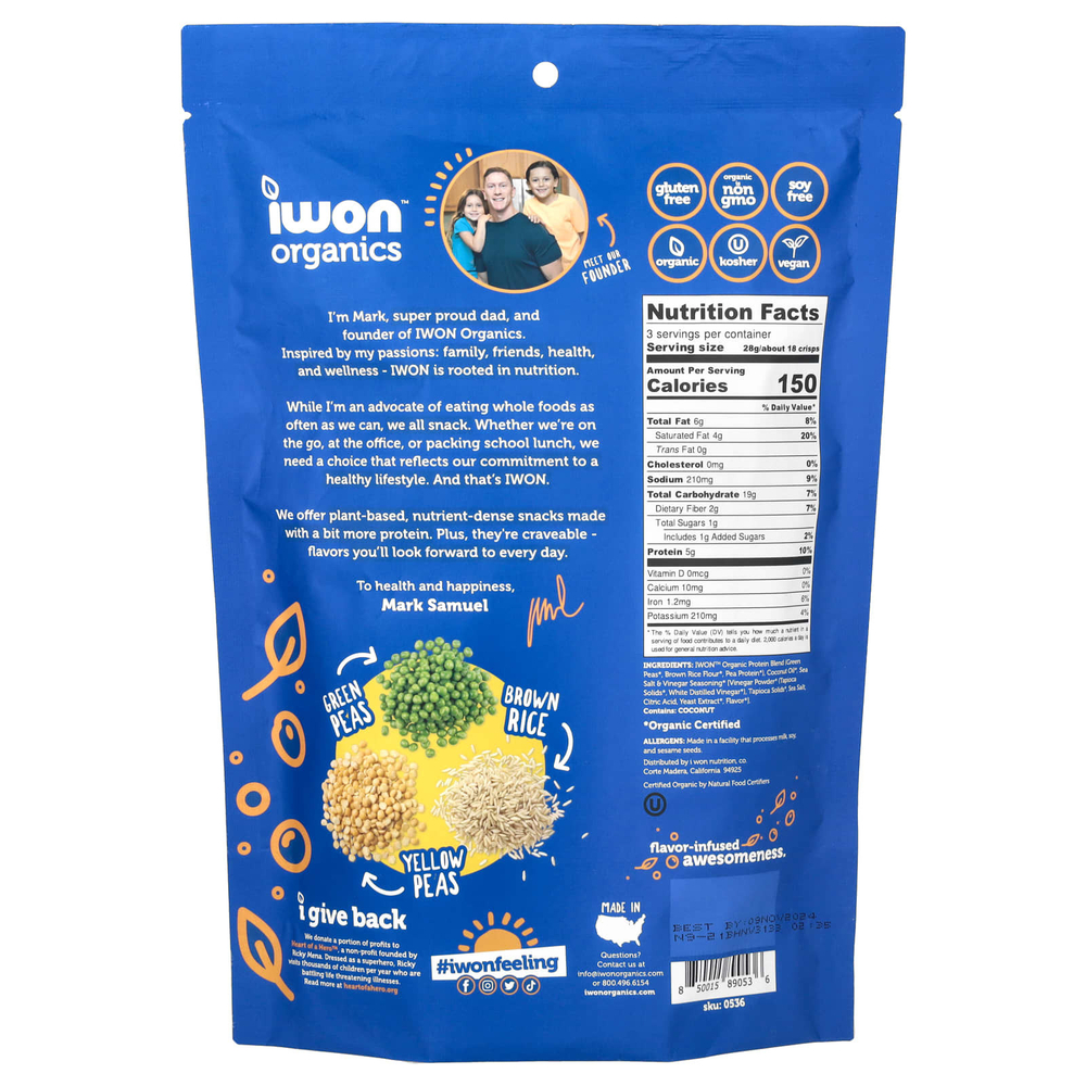 IWON Organics, Протеиновые чипсы, морская соль и уксус, 85 г (3 унции)