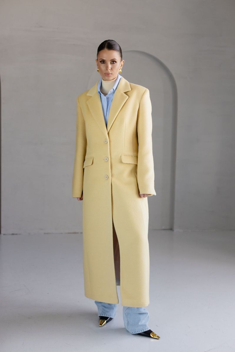 Пальто из смесовой шерсти приталенное макси лимонное