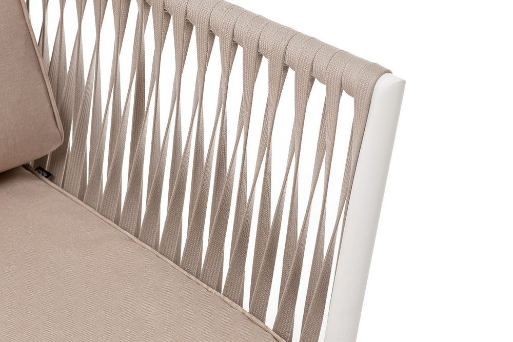 "Касабланка" диван 2-местный плетеный из роупа, каркас алюминий белый муар, роуп бежевый 20мм, ткань бежевая 035