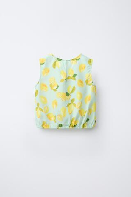ZARA ЛЬНЯНОЙ ТОП С ЛИМОННЫМ ПРИНТОМ, БИРЮЗОВЫЙ