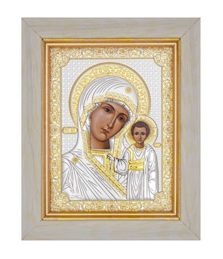 Казанская БМ, икона прямоугольная в рамке под стеклом, белое дерево 206х258
