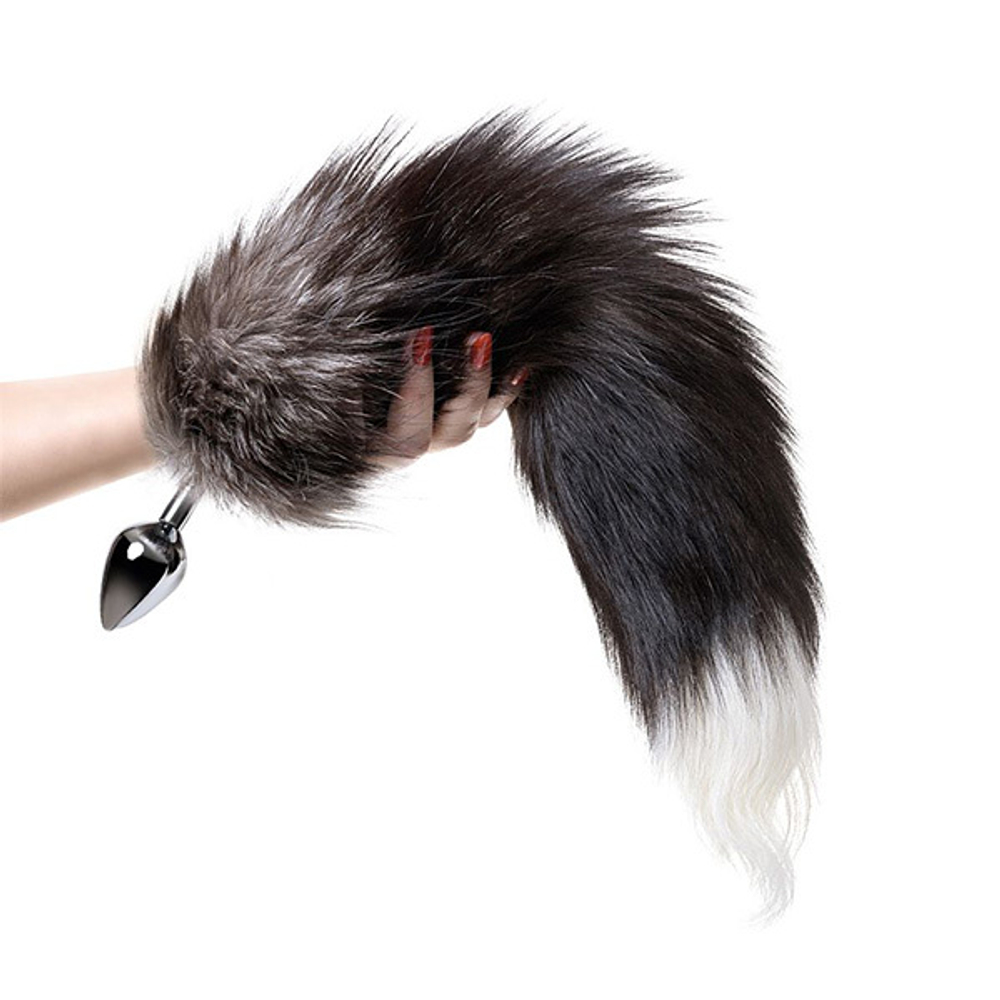 Серебристая металлическая анальная втулка 45см с хвостом чернобурой лисы размер S ToyFa Metal 712026-S