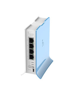 MikroTik hAP lite with 650MHz CPU, 32MB RAM, 4xLAN, built-in 2.4Ghz 802.11b/g/n 2x2 two chain wireless with integrated antennas, RouterOS L4, tower case, PSU