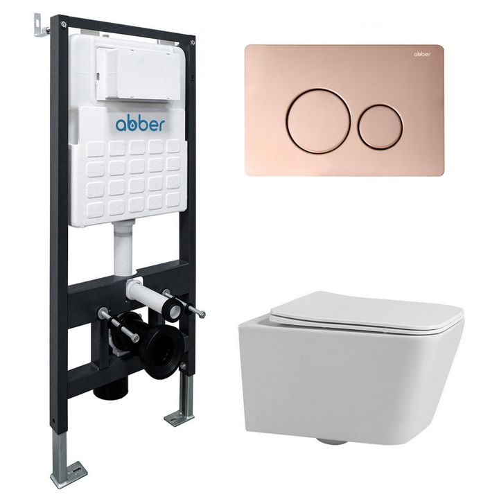 Комплект подвесной унитаз ABBER Rechteck AC1201 белый с инсталляцией AC0105 и кнопкой AC0121RG золото розовое