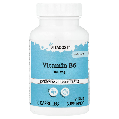 Vitacost, витамин B6, пиридоксина гидрохлорид, 100 мг, 100 капсул