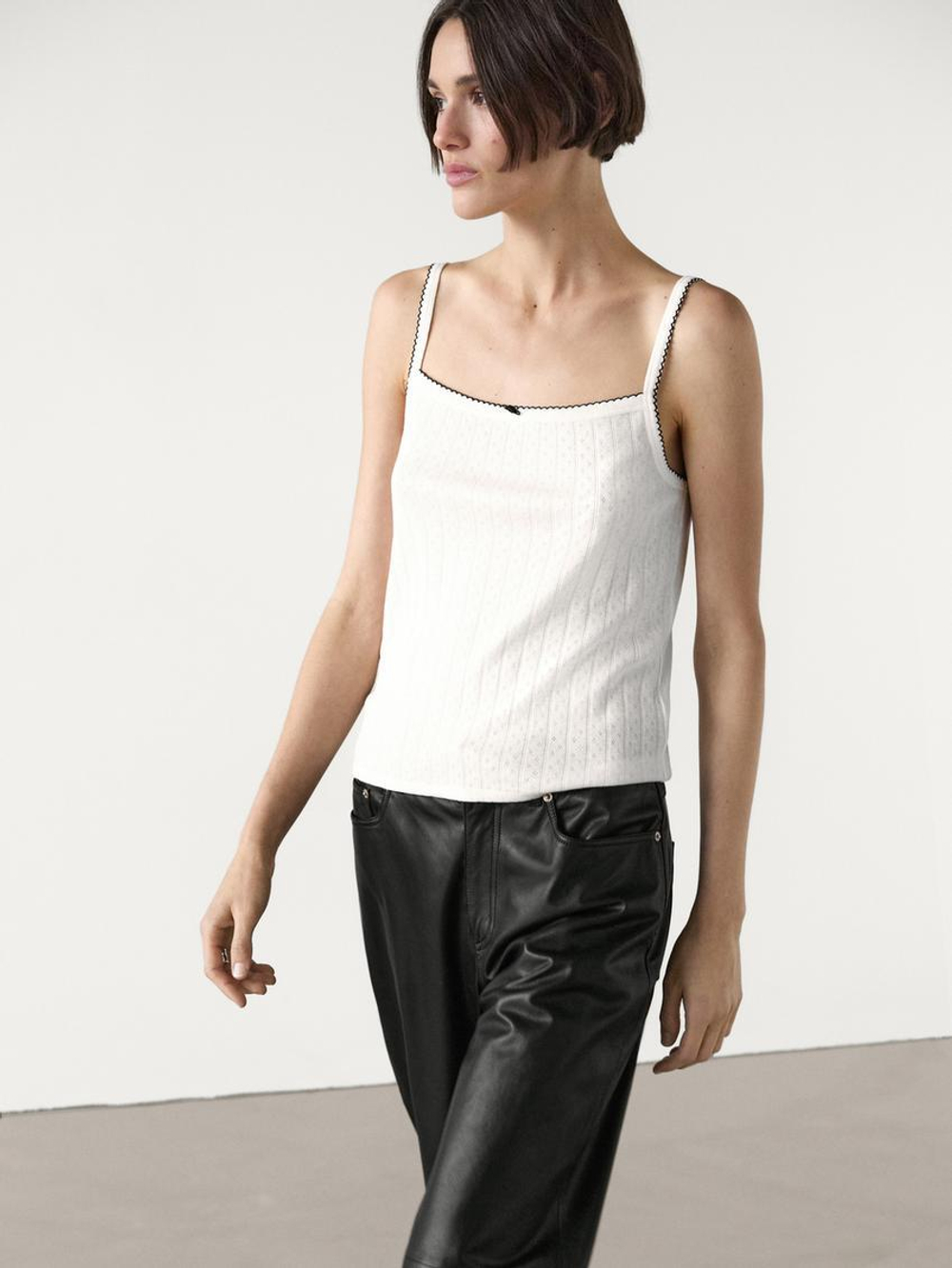 Massimo Dutti Трикотажный топ на бретелях, натуральный, кремовый