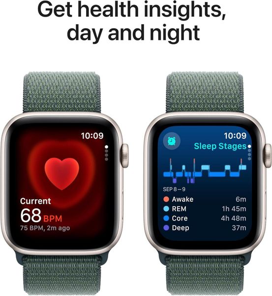 Умные часы Apple Watch SE 2024 44 мм из алюминия цвета «сияющая звезда», нейлоновый браслет зеленого цвета