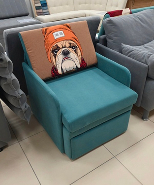 Кресло-кровать Миник, велюр Dream Mint, купон Бульдог, 14 900 руб.