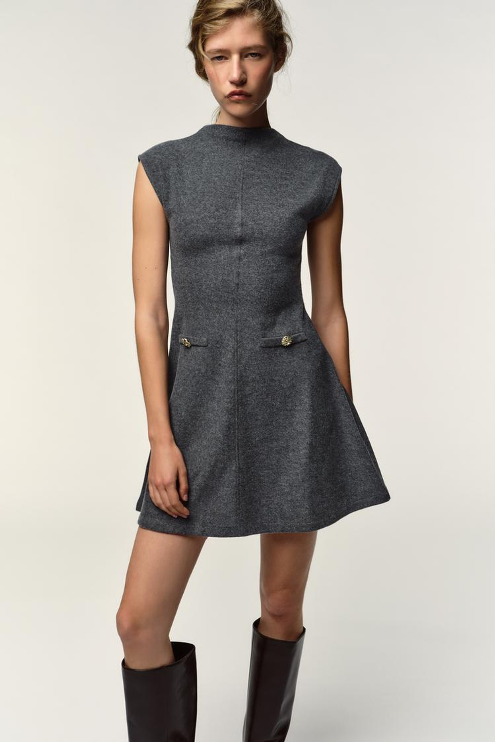 ZARA КОРОТКОЕ МЯГКОЕ ПЛАТЬЕ, ТЕМНО-СЕРЫЙ