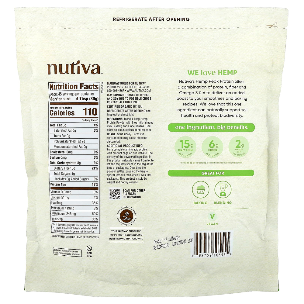 Nutiva, Порошок из органического конопляного протеина, 1,36 кг (3 фунта)