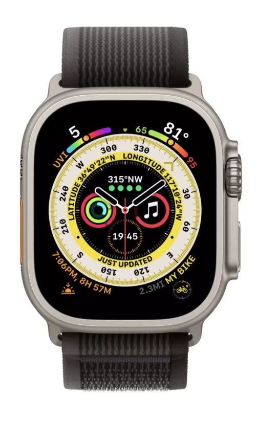Apple Watch Ultra, 49 мм, корпус из титана, ремешок Trail цвета «чёрный/серый»