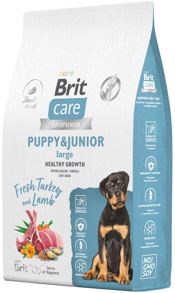 Brit Care 1,5кг Superpremium Puppy &amp; Junior L Healthy Growth Turkey &amp; Lamb Низкозерновой корм для щенков крупных пород, c индейкой и ягненком