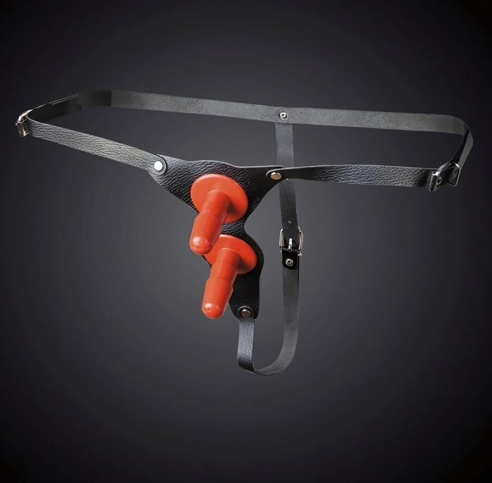 Чёрные кожаные трусики с двумя штырьками для насадок (Размер: S-M-L) (Цвет: черный)