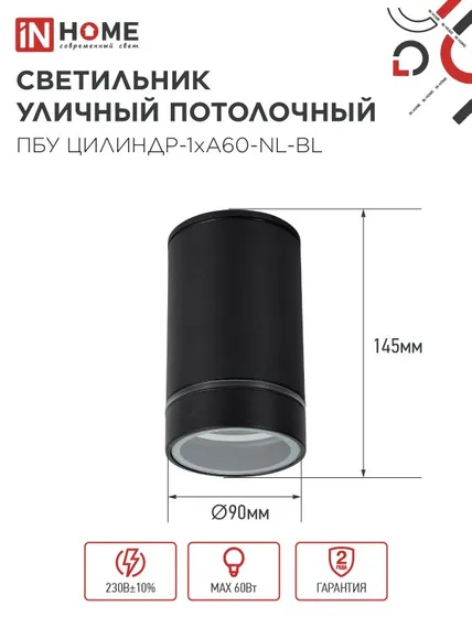 Светильник уличный потолочный ПБУ ЦИЛИНДР-1xА60-NL-BL с подсветкой черный IP54 IN HOME