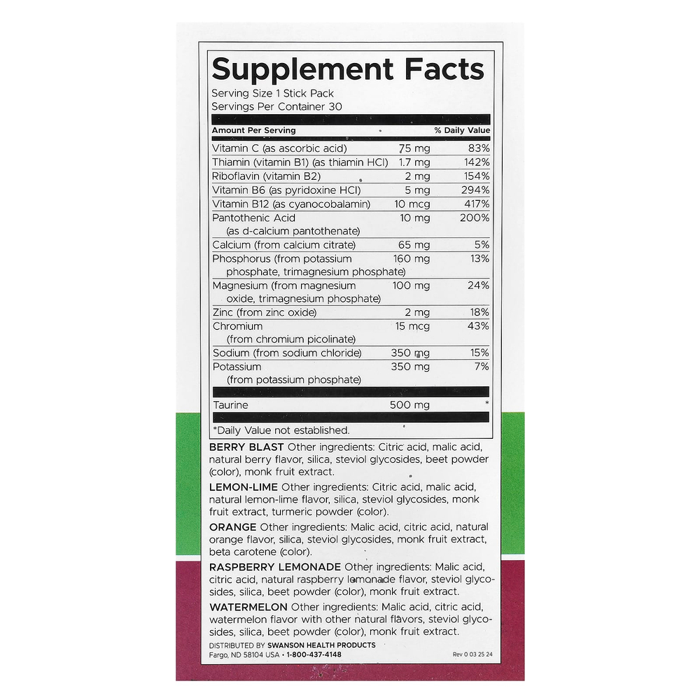 Swanson, Simply Hydrate, смесь электролитов для гидратации, ассорти из 30 стик-пакетов, 180 г (6,36 унции)