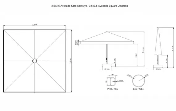 Зонт профессиональный Avocado 350х350 см, серый