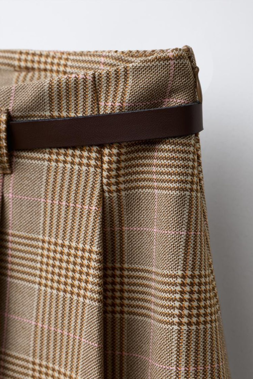 ZARA ЮБКА-ШОРТЫ В КЛЕТКУ С РЕМНЕМ, СВЕТЛО-БЕЖЕВЫЙ