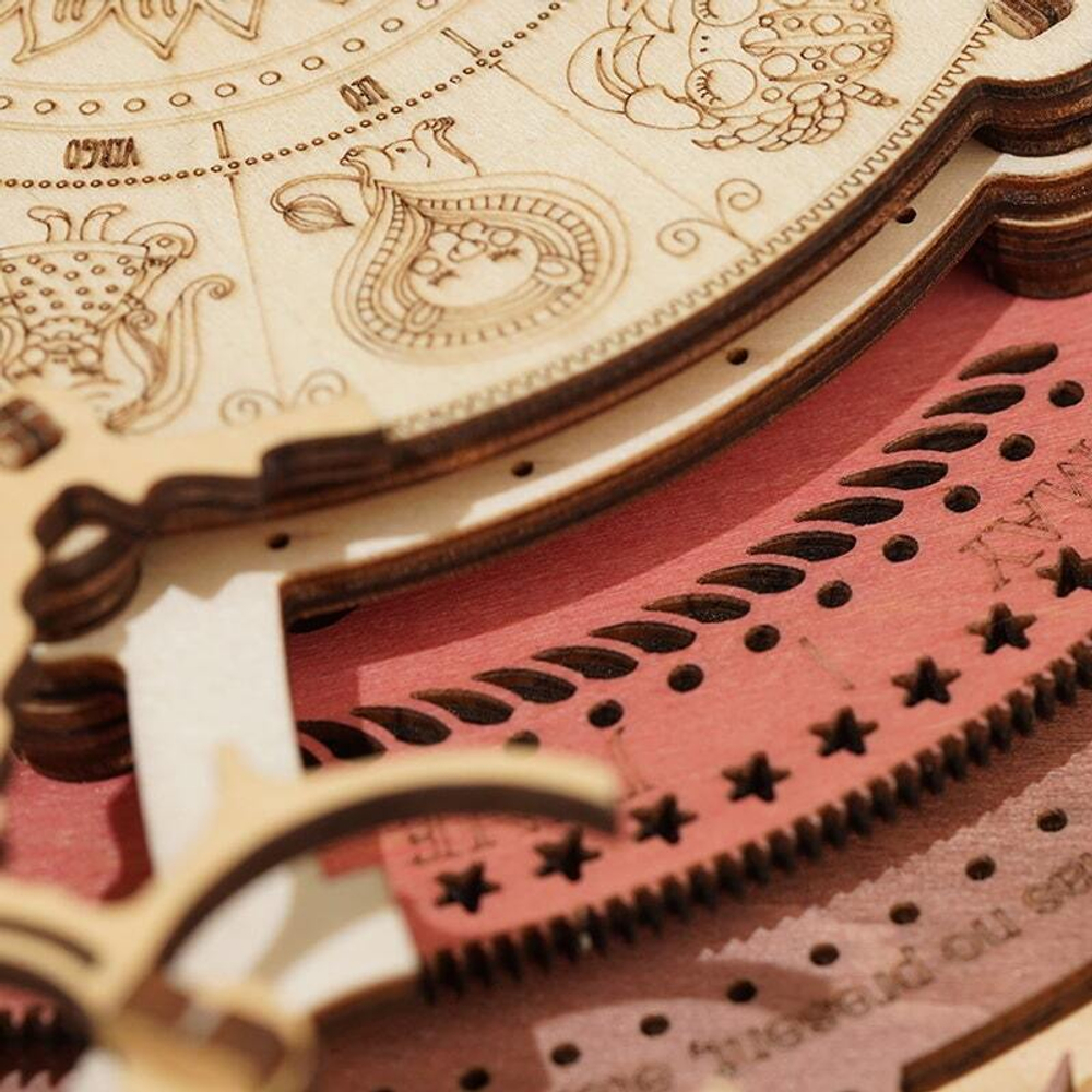 Настенные кварцевые часы с календарём Zodiac Wall Clock (Зодиак) от ROKR - Деревянный конструктор, сборная механическая модель, 3D пазл