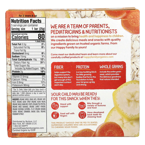 Happy Family Organics, Happy Tot®, овсяный батончик с клетчаткой и протеином, с органической морковью и бананом, 5 батончиков, 25 г (0,88 унции)