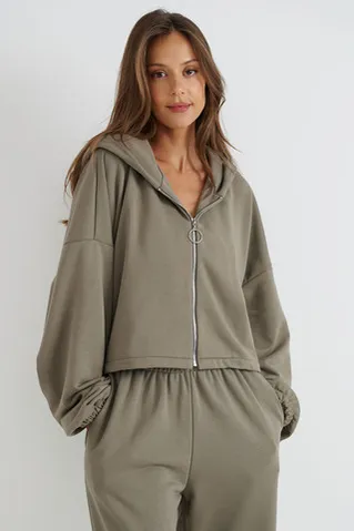 Укороченное худи на молнии цвета хаки