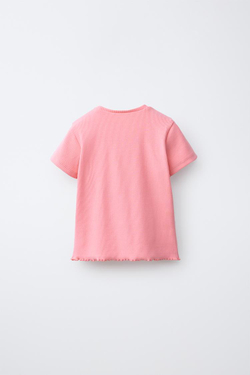 ZARA ФУТБОЛКА В РУБЧИК С НАШИВКОЙ, КОРАЛЛОВЫЙ