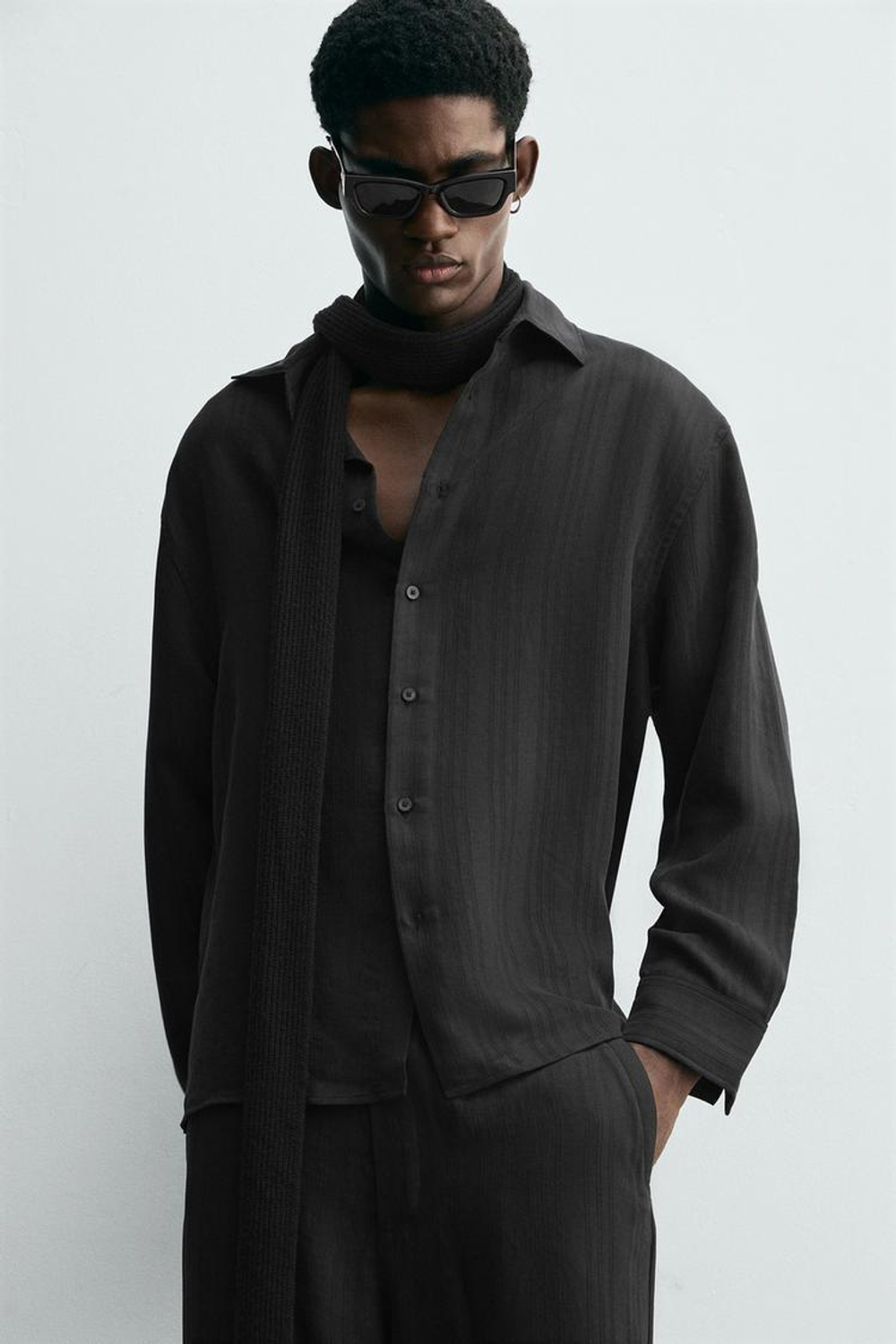 ZARA ЖАККАРДОВАЯ РУБАШКА В ПОЛОСКУ, ЧЕРНЫЙ