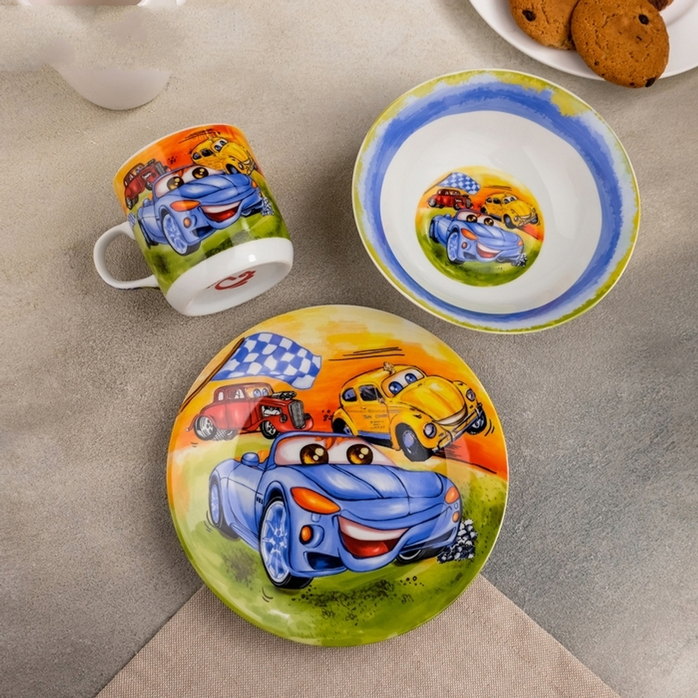 2480344 Набор детской посуды «Гонки», 3 предмета: кружка 220 мл, миска 400 мл, тарелка 18 см