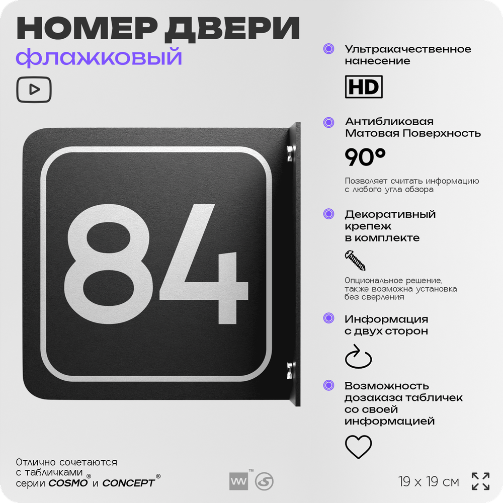 Табличка флажковая с номером 84 на дверь квартиры, для офиса, кабинета, аудитории, склада, черная двустороняя 19х19 см, Айдентика Технолоджи
