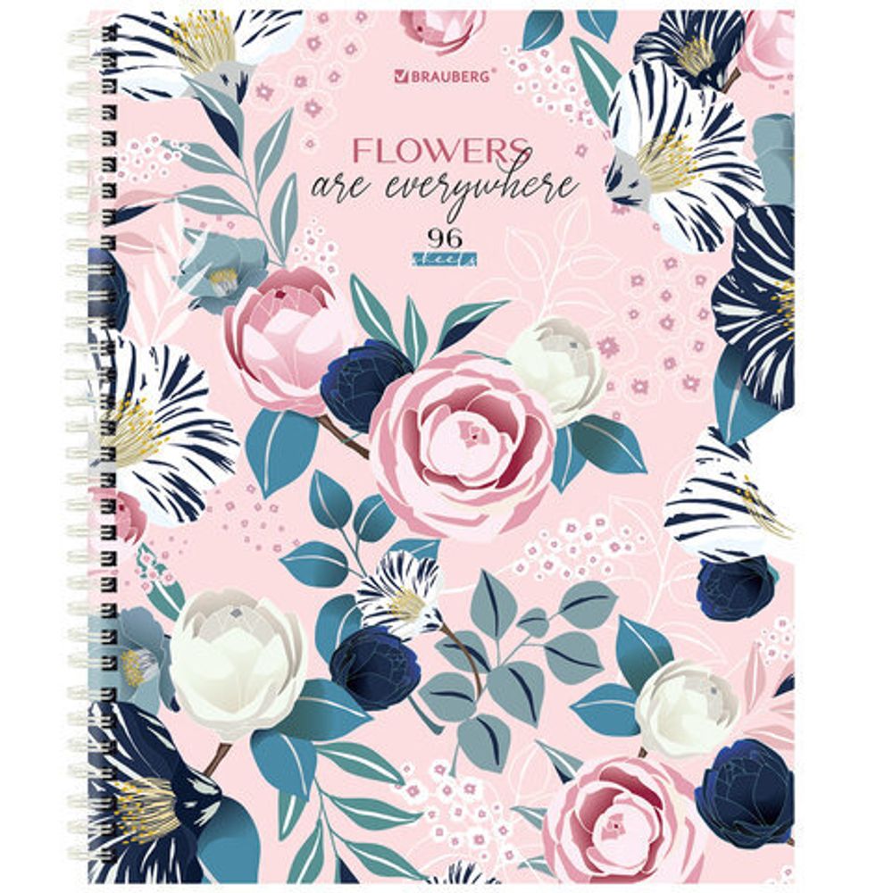 Тетрадь А5 96 л. BRAUBERG, гребень, клетка, твёрдая обложка, "Flowers", 404444, 4шт