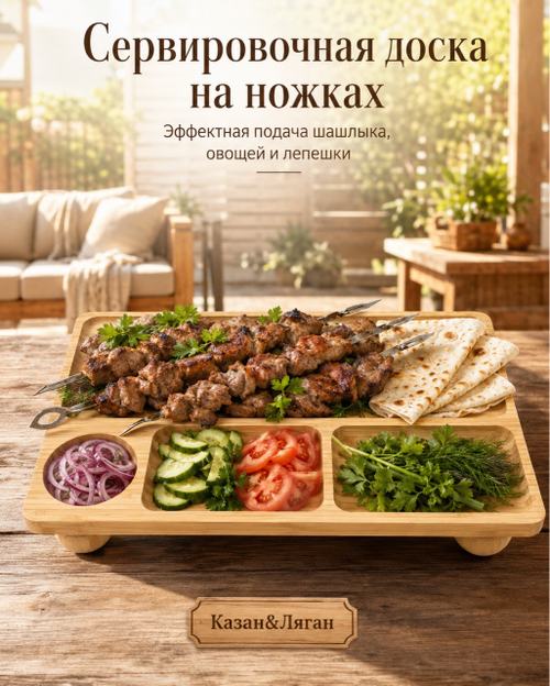 Сервировочная доска на металических ножках 40*24см Бамбук