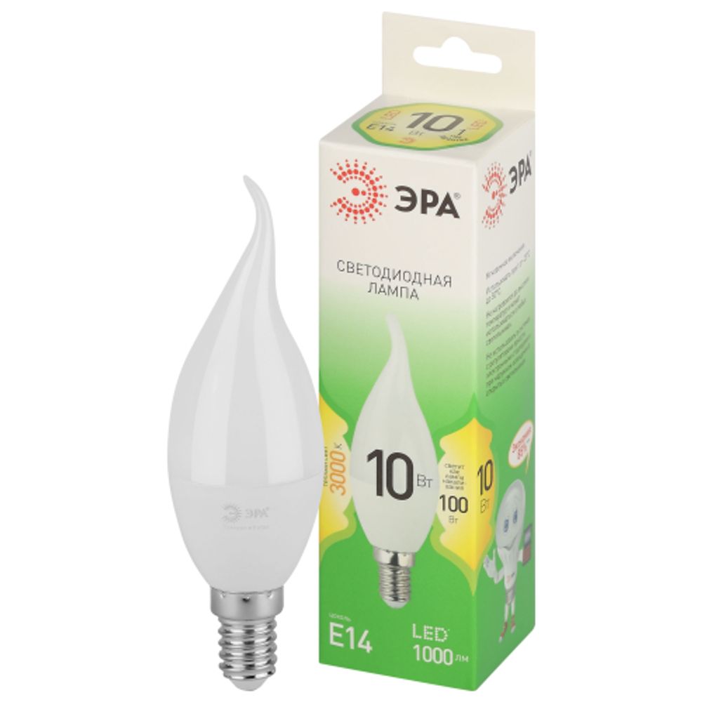 Лампа светодиодная ЭРА GREEN LINE LED BXS-10W-830-E14 GL 10Вт свеча на ветру теплый свет E14 | Лампы cветодиодные Свеча (B/C)