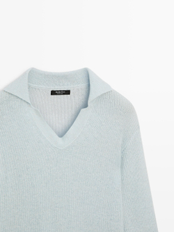 Massimo Dutti Трикотажный свитер поло из смесовой альпаки, небесно-голубой